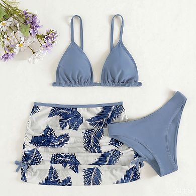 Girls' 3-Piece Bikini Swimsuit Set, Triangle Top, Bottom & Printed Swim Skirt for Kids