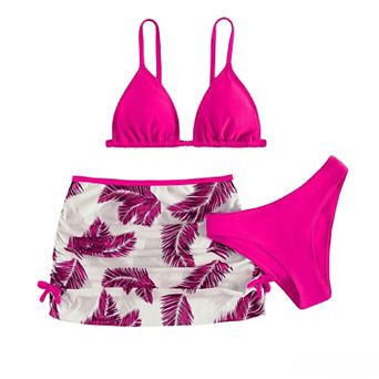Girls' 3 pc Bikini Swimsuit Set, Triangle Top, Bottom & Printed Swim Skirt for Kids