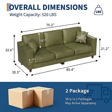 3-Seater Sofa Couch with 2 Throw Pillows, Couch with Wide Armrests, Back Cushion for Living Room