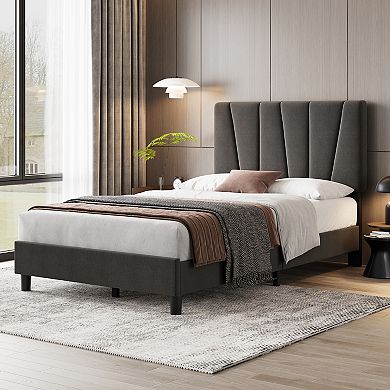 Platform Bed Frame, Upholstered Bed Frame with Headboard, Mattress Foundation with Slats Supports