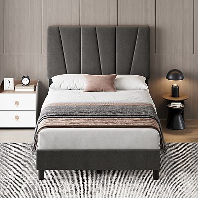 Platform Bed Frame, Upholstered Bed Frame with Headboard, Mattress Foundation with Slats Supports
