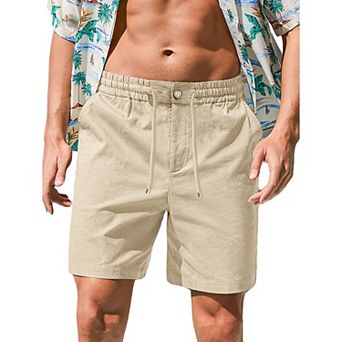 Men's Linen Blend Drawstring Shorts, Elastic Waist Casual Chino Shorts with Pockets