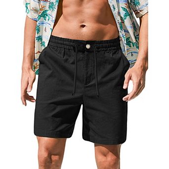 Men's Linen Blend Drawstring Shorts, Elastic Waist Casual Chino Shorts with Pockets