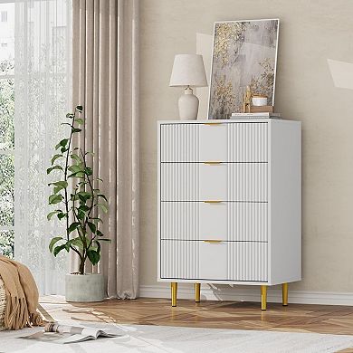 Modern Fluted Bedside Table, Tall Wooden Bedside Table with Metal Handles, 4 Drawers