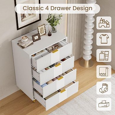 Modern Fluted Bedside Table, Tall Wooden Bedside Table with Metal Handles, 4 Drawers