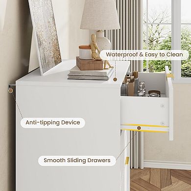 Modern Fluted Bedside Table, Tall Wooden Bedside Table with Metal Handles, 4 Drawers