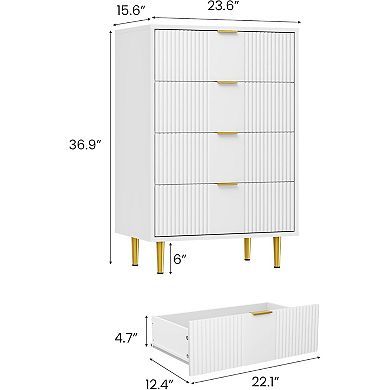 Modern Fluted Bedside Table, Tall Wooden Bedside Table with Metal Handles, 4 Drawers