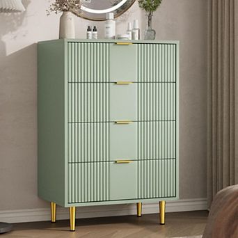 Modern Fluted Bedside Table, Tall Wooden Bedside Table with Metal Handles, 4 Drawers