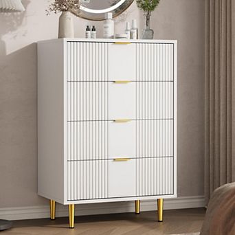 Modern Fluted Bedside Table, Tall Wooden Bedside Table with Metal Handles, 4 Drawers