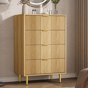 Modern Fluted Bedside Table, Tall Wooden Bedside Table with Metal Handles, 4 Drawers