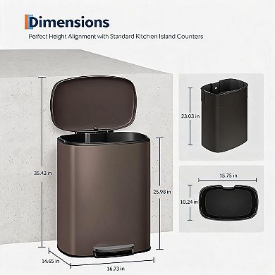 Slim Kitchen Trash Can with Soft Close Lid, Step Pedal, Inner Bucket, Rear Handle, Soft Close Lid