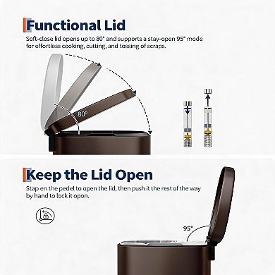 Slim Kitchen Trash Can with Soft Close Lid, Step Pedal, Inner Bucket, Rear Handle, Soft Close Lid