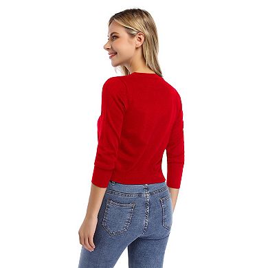 Women's Cropped Cardigan Knit Sweaters Lightweight 3/4 Sleeve Button Down Short Cardigan Top