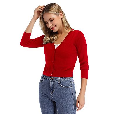 Women's Cropped Cardigan Knit Sweaters Lightweight 3/4 Sleeve Button Down Short Cardigan Top