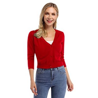 Women's Cropped Cardigan Knit Sweaters Lightweight 3/4 Sleeve Button Down Short Cardigan Top