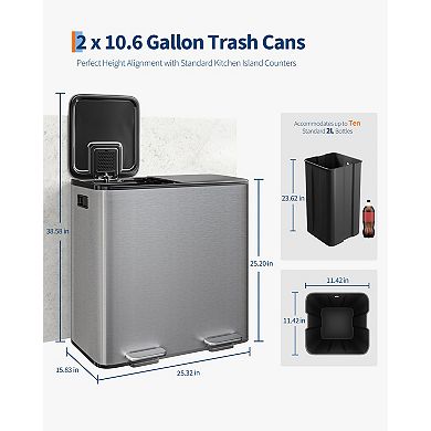 Stainless Steel Double Trash Can with Lid, Step-on Kitchen Metal Garbage Cans, Trash and Recycle
