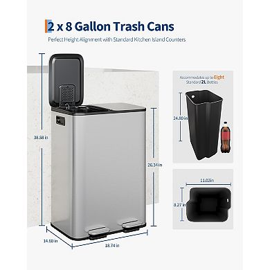 Stainless Steel Double Trash Can with Lid, Step-on Kitchen Metal Garbage Cans, Trash and Recycle