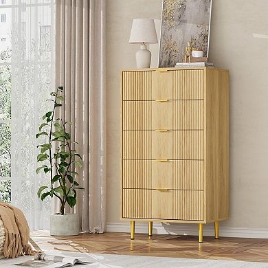 Modern Fluted Bedside Table, Tall Wooden Bedside Table with Metal Handles, 5 Drawers