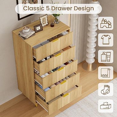 Modern Fluted Bedside Table, Tall Wooden Bedside Table with Metal Handles, 5 Drawers