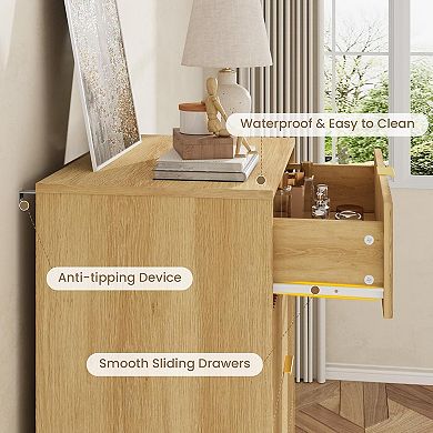 Modern Fluted Bedside Table, Tall Wooden Bedside Table with Metal Handles, 5 Drawers