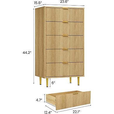 Modern Fluted Bedside Table, Tall Wooden Bedside Table with Metal Handles, 5 Drawers