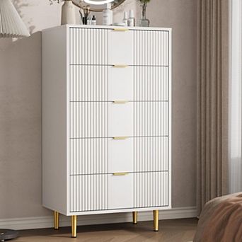 Modern Fluted Bedside Table, Tall Wooden Bedside Table with Metal Handles, 5 Drawers