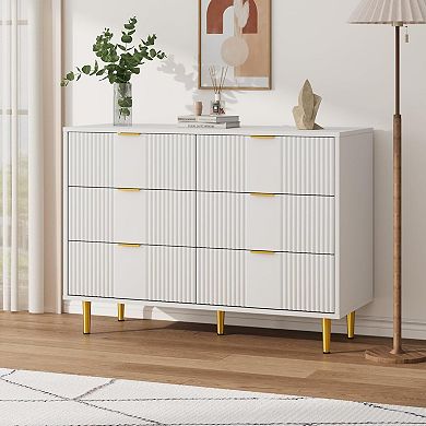 Modern Fluted Bedside Table, Tall Wooden Bedside Table with Metal Handles, 6 Drawers