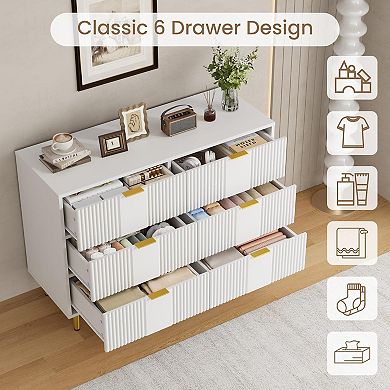 Modern Fluted Bedside Table, Tall Wooden Bedside Table with Metal Handles, 6 Drawers