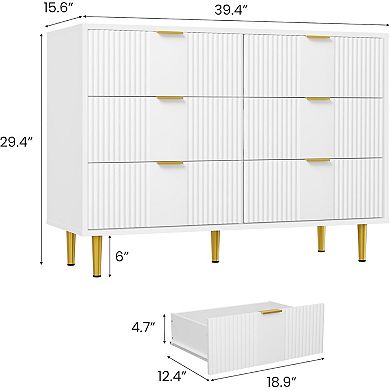 Modern Fluted Bedside Table, Tall Wooden Bedside Table with Metal Handles, 6 Drawers