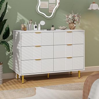 Modern Fluted Bedside Table, Tall Wooden Bedside Table with Metal Handles, 6 Drawers