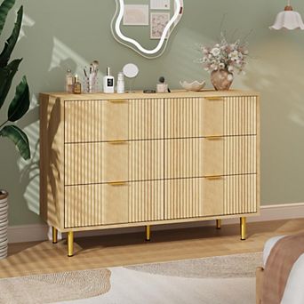 Modern Fluted Bedside Table, Tall Wooden Bedside Table with Metal Handles, 6 Drawers