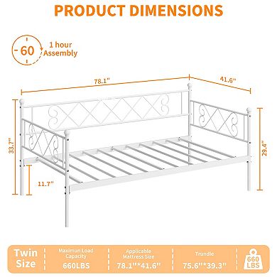 Twin Daybed with Heart-Shaped Headboard, Steel Slat Support, Headboard Sofa Bed for Living Room