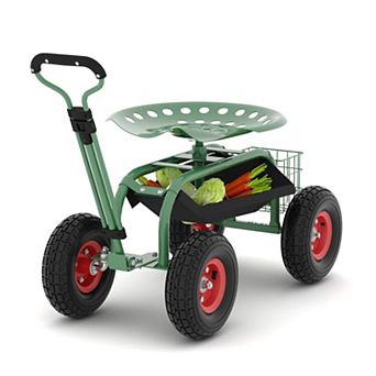 Heavy Duty Rolling Garden Cart with 360° Swivel Seat, Adjustable Handle, 10-Inch All-Terrain Wheels