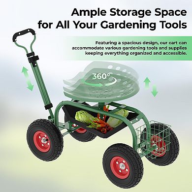 Heavy Duty Rolling Garden Cart with 360° Swivel Seat, Adjustable Handle, 10-Inch All-Terrain Wheels