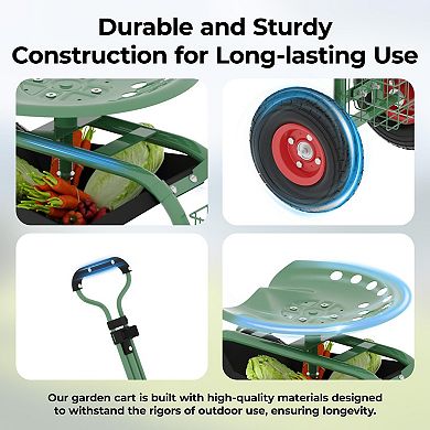 Heavy Duty Rolling Garden Cart with 360° Swivel Seat, Adjustable Handle, 10-Inch All-Terrain Wheels