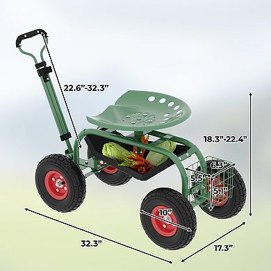 Heavy Duty Rolling Garden Cart with 360° Swivel Seat, Adjustable Handle, 10-Inch All-Terrain Wheels