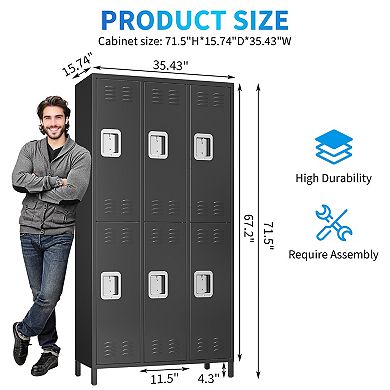 Heavy Duty Steel Office Storage Locker Cabinet, 6 Doors, 6 Shelves, 12 Hooks, Locking Organizer