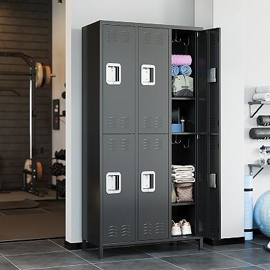 Heavy Duty Steel Office Storage Locker Cabinet, 6 Doors, 6 Shelves, 12 Hooks, Locking Organizer