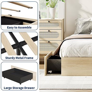 Bed Frame with 2 Storage Drawers, Wooden Low Profile Bed Frame, No Headboard, No Box Spring Needed