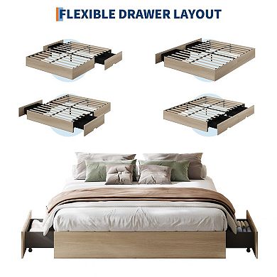 Bed Frame with 2 Storage Drawers, Wooden Low Profile Bed Frame, No Headboard, No Box Spring Needed