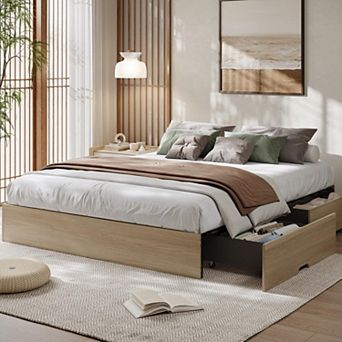 Bed Frame with 2 Storage Drawers, Wooden Low Profile Bed Frame, No Headboard, No Box Spring Needed