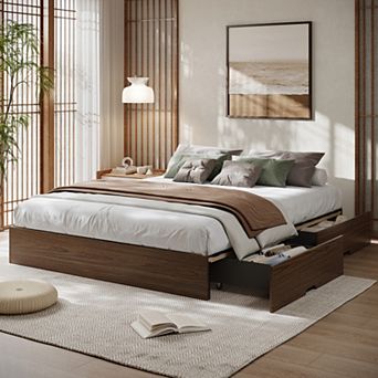 Bed Frame with 2 Storage Drawers, Wooden Low Profile Bed Frame, No Headboard, No Box Spring Needed