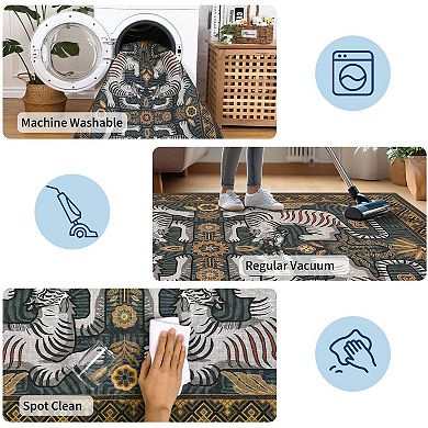 Vintage Tiger Animal Print Machine Washable Rug with Rubber Backing Boho Foldable Non Slip Carpet