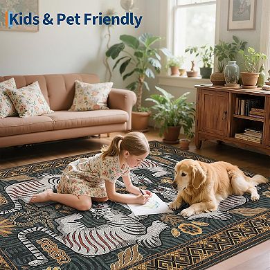 Vintage Tiger Animal Print Machine Washable Rug with Rubber Backing Boho Foldable Non Slip Carpet