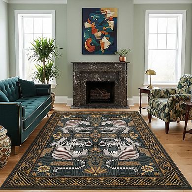 Vintage Tiger Animal Print Machine Washable Rug with Rubber Backing Boho Foldable Non Slip Carpet