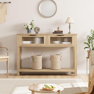 Wood Console Table with Glass Drawers, Slim Sofa Side Table with Storage Shelf for Living Room