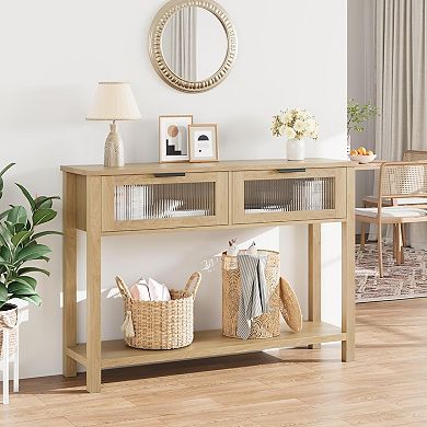 Wood Console Table with Glass Drawers, Slim Sofa Side Table with Storage Shelf for Living Room