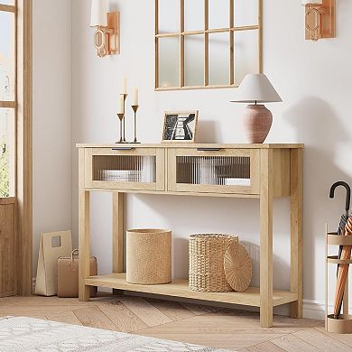 Wood Console Table with Glass Drawers, Slim Sofa Side Table with Storage Shelf for Living Room