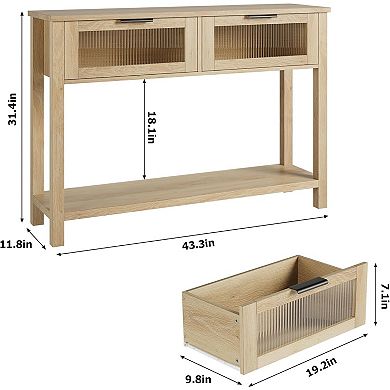 Wood Console Table with Glass Drawers, Slim Sofa Side Table with Storage Shelf for Living Room