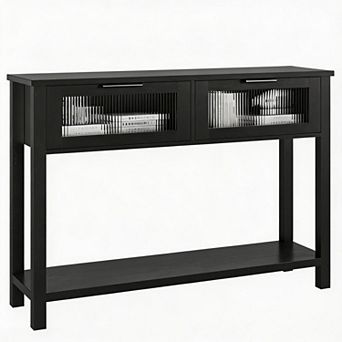 Wood Console Table with Glass Drawers, Slim Sofa Side Table with Storage Shelf for Living Room